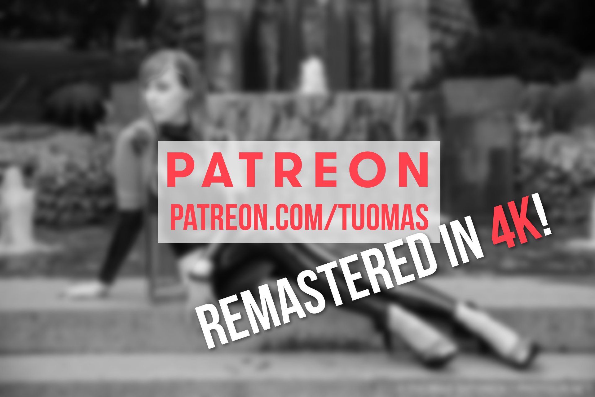 A bright-haired woman sits in front of a fountain, wearing a black latex catsuit. There is text in front of her: Remastered in 4K